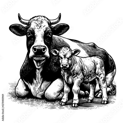 Cow and calf sketch engraving black and white outline. Scratch board imitation.  illustrated in vintage line art style on a white background.
