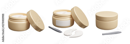 Set of golden 3D eye patches cosmetic bottles isolated on white. Luxury aesthetic skincare treatment, anti aging hydrating collagen gel eye patches make-up product 3D vector illustration.