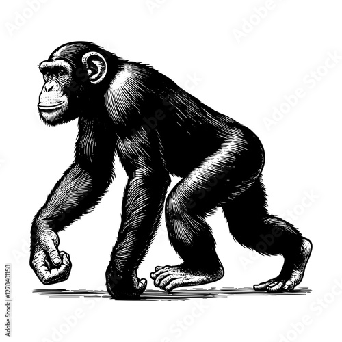 Chimpanzee sketch engraving black and white outline. Scratch board imitation.	chimpanzee, monkey, ape, primate, jungle, wildlife, mammal, zoo, Africa, intelligent, gorilla, wild, safari, realistic, cu