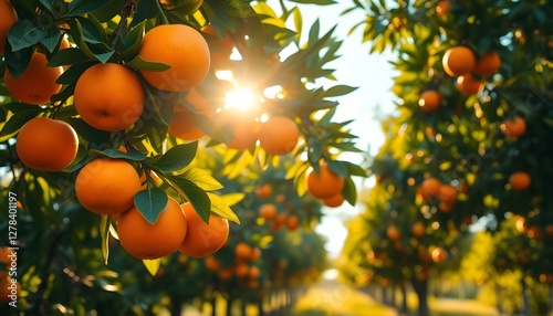 Orange grove with many oranges growing on trees in the sunshine, new harvest