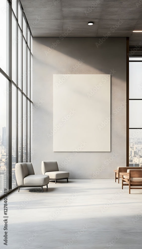 Fototapeta premium Minimalist interior space with large window and blank canvas