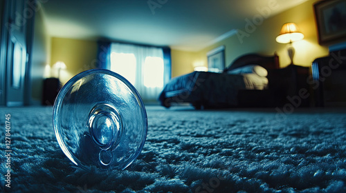 A Glass Tipped Over on the Carpet in a Dimly Lit Bedroom During the Evening Hours photo