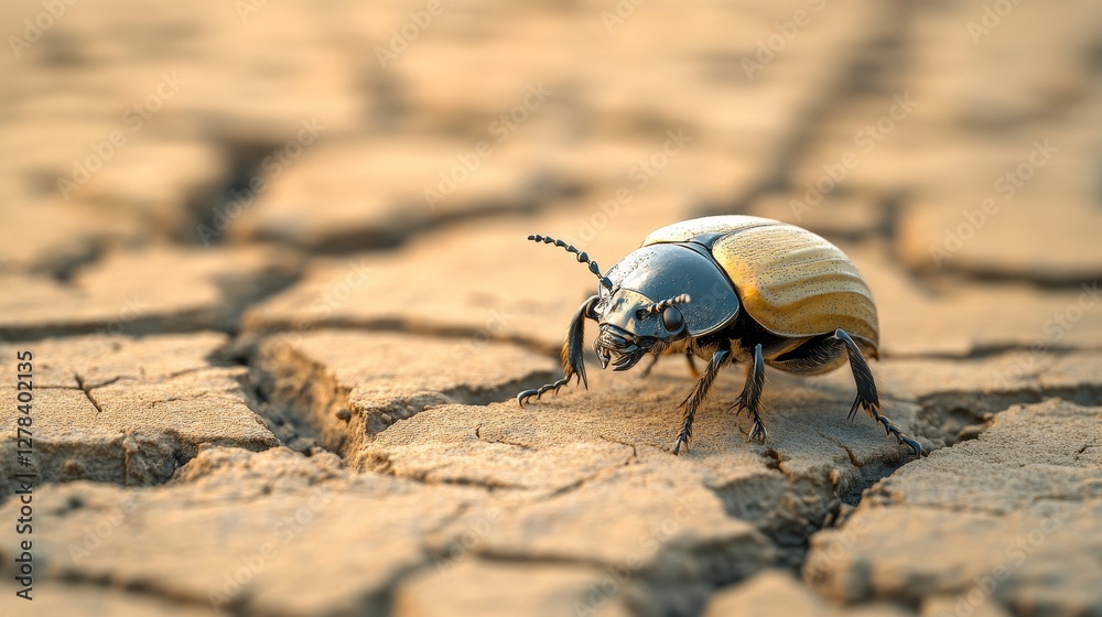 Close-up of a beetle on cracked earth. Nature's resilience in a dry environment. Close-up of a beetle on cracked earth. Nature's resilience in a dry environment.