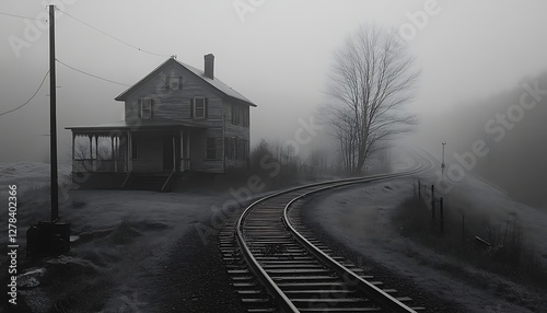 Foggy Countryside House and Railroad Tracks