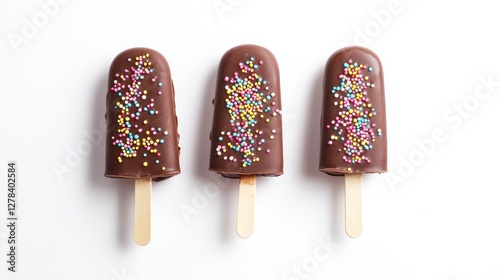 Chocolate popsicles with colorful sprinkles, fun summer treat, sweet dessert, delicious food photography