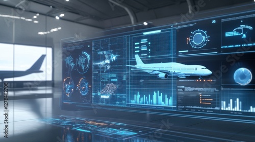 An aviation cost control infographic in a modern, clean workspace, with holographic displays showing airline cost reductions and profit growth, dynamic and futuristic