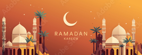 Ramadan Kareem poster, card, holiday cover. Modern beautiful design in pastel colors with mosque, moon crescent, stars in the sky, arches window, vector illustration