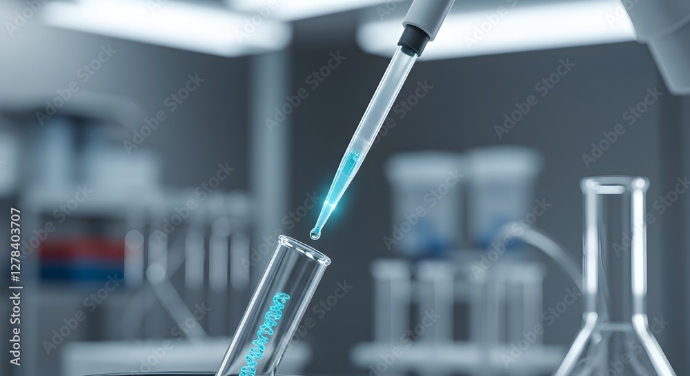 Glass pipette with blue liquid sample in modern medical laboratory. Laboratory research, pharmaceutical testing and chemical experiment concept with copy space Glass pipette with blue liquid sample in modern medical laboratory. Laboratory research, pharmaceutical testing and chemical experiment concept with copy space