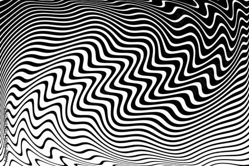 Wavy Lines Op Art Pattern with 3D Illusion Effect. Black and White Texture. Abstract Halftone Background.