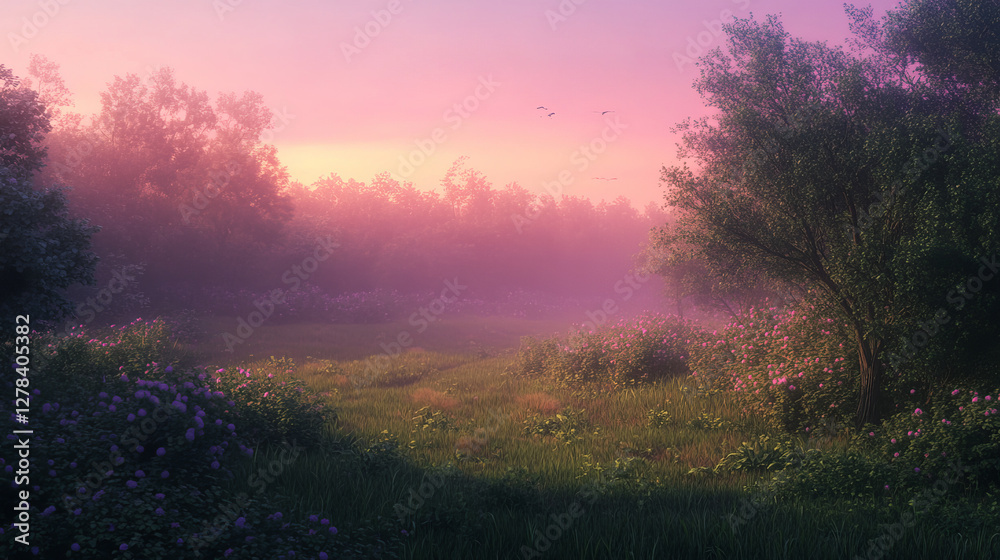 Naklejka premium Summer sunset or sunrise natural landscape with green grass, bushes and trees on meadow in foot of high mountains under pink evening or morning sky. Cartoon vector scenery with grassland near hills.
