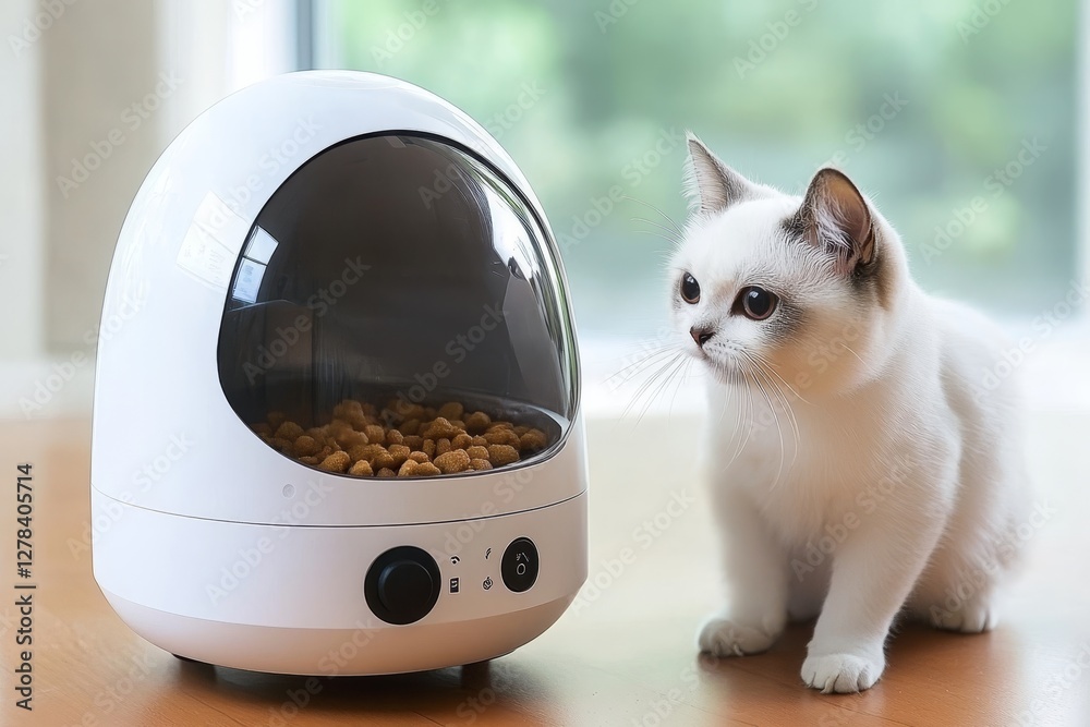 Cat Sitting Next to Modern Automatic Pet Feeder with Kibble