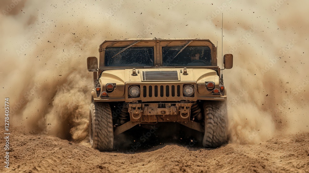 Fototapeta premium Tan Military Vehicle Speeding Through Desert Dust Cloud