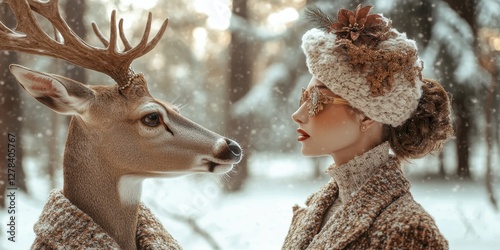 Enchanted Encounter in Winter Wonderland: A woman in an elegant winter outfit gazes at a deer in a snow-covered forest, evoking a sense of wonder and magical connection.