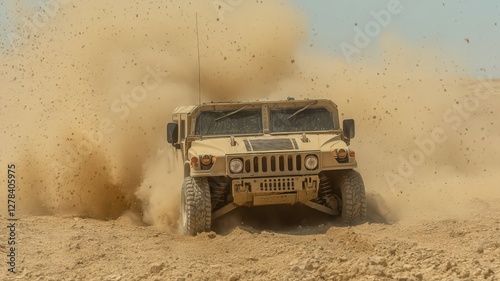 Tan Military Vehicle Speeds Through Desert, Sand and Dust Cloud