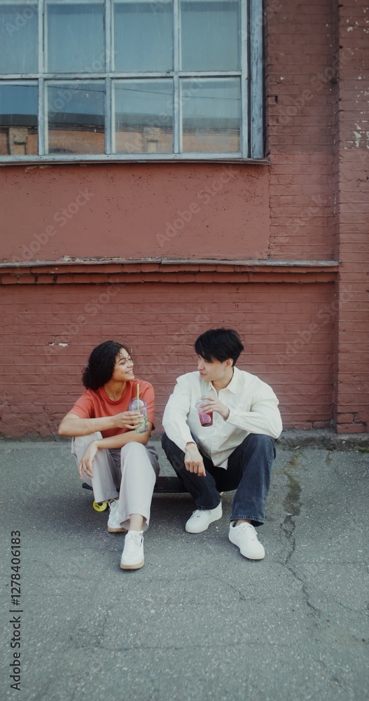 Obraz premium A young man and a woman are talking and drinking lemonade while sitting on a skateboard on a city street