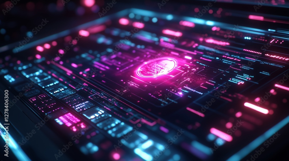 Fototapeta premium Futuristic digital interface with glowing neon elements, showcasing advanced technology and cyber concepts in a high-tech atmosphere.