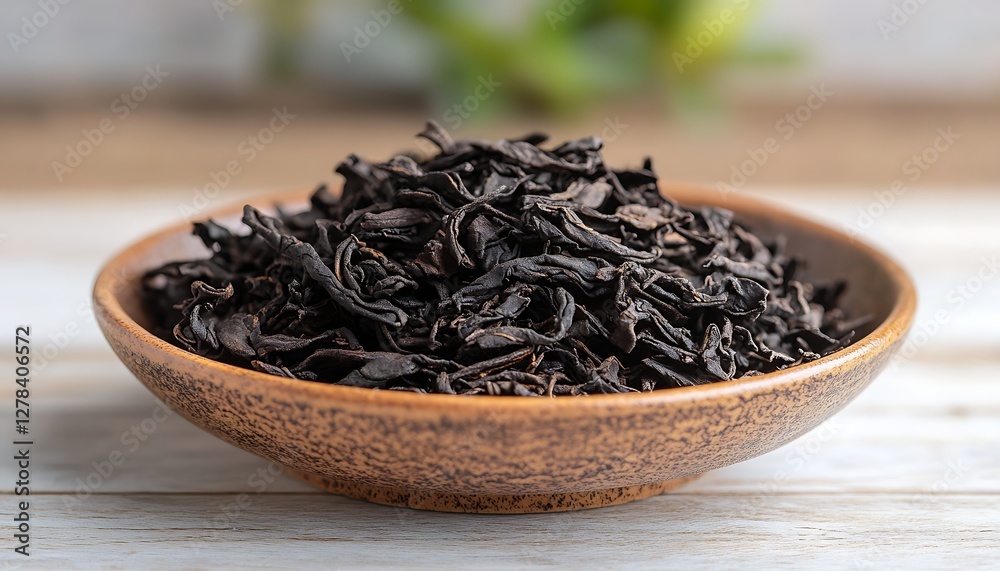 Black Tea Leaves in Bowl on Wooden Table Black Tea Leaves in Bowl on Wooden Table