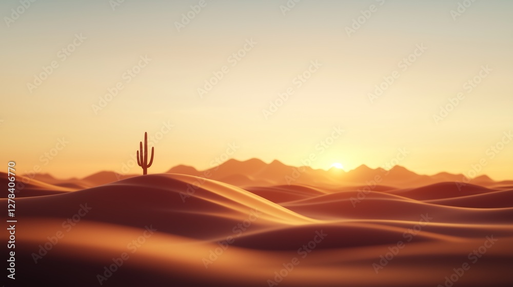 Sunset over desert landscape with rippling dunes and a lone cactus standing tall Sunset over desert landscape with rippling dunes and a lone cactus standing tall
