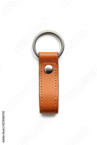 Orange leather belt loop keychain with metal keyring isolated on white background