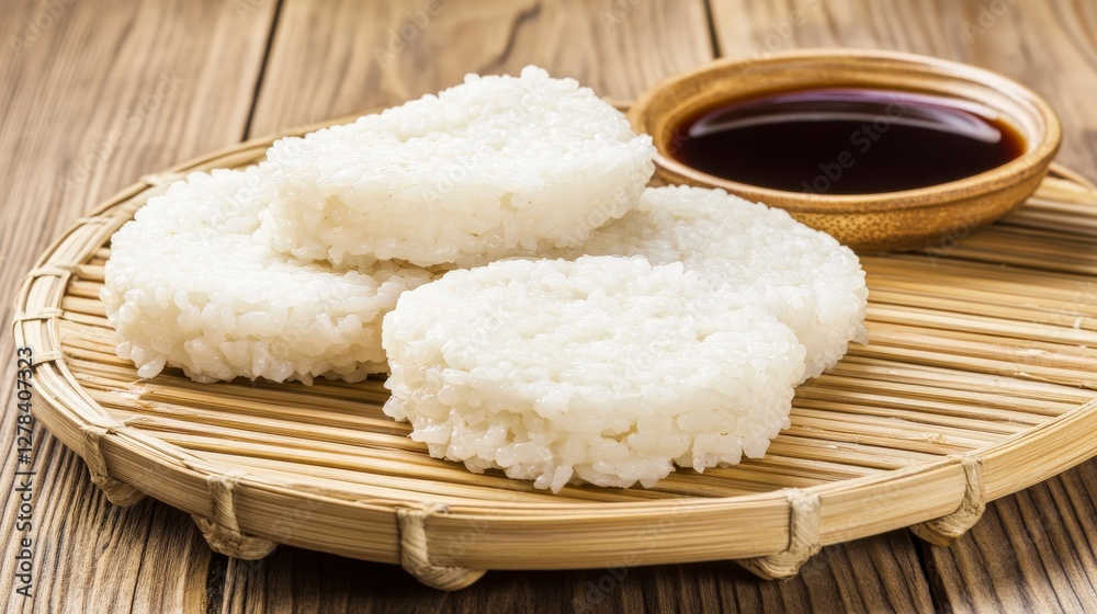 Delicious White Rice Cakes on Bamboo Tray with Soy Sauce - Perfect Asian Cuisine Snack Delicious White Rice Cakes on Bamboo Tray with Soy Sauce - Perfect Asian Cuisine Snack