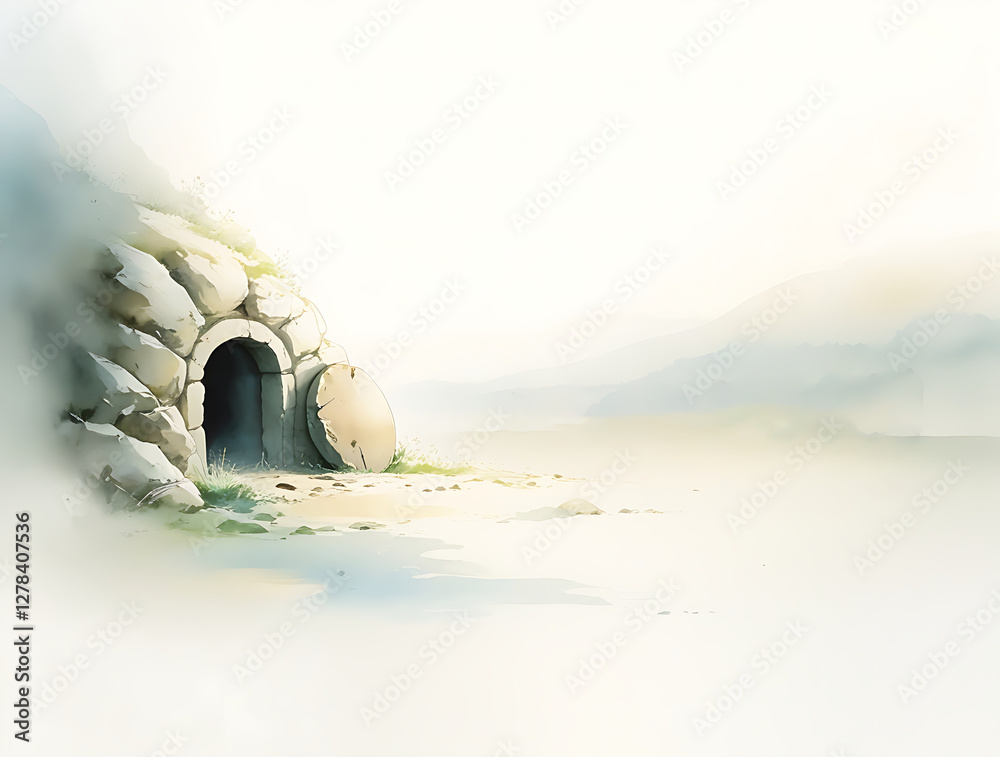 Watercolor iillustration Jesus tomb is empty, Resurrection of Jesus. bliblical illustration