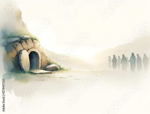 Watercolor iillustration Jesus tomb is empty, Resurrection of Jesus. bliblical illustration