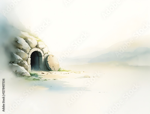 Obraz na płótnie Watercolor iillustration Jesus tomb is empty, Resurrection of Jesus. bliblical illustration w salonie