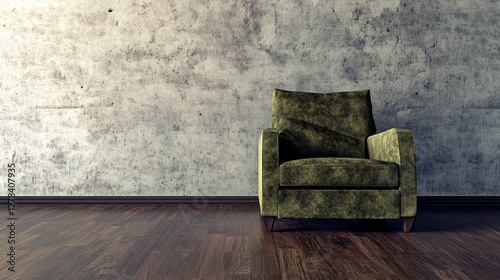 Green chair against textured wall, rustic wood floor, cozy living space decor, minimalist interior scene, green armchair setting