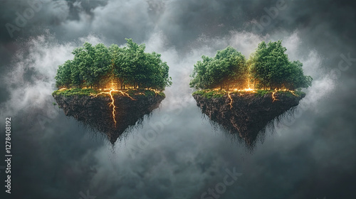 Floating Islands With Trees and Glowing Cracks in the Earth Against a Stormy Sky Create a Surreal Fantasy Landscape