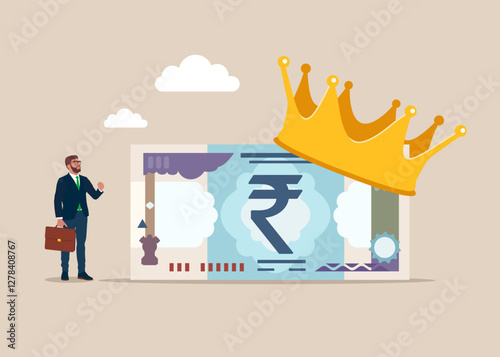 Rupee banknote with gold crown. Rupee currency king concept. Modern vector illustration in flat style