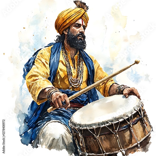 Watercolor Painting of a Sikh Man Playing a Dhol Drum.