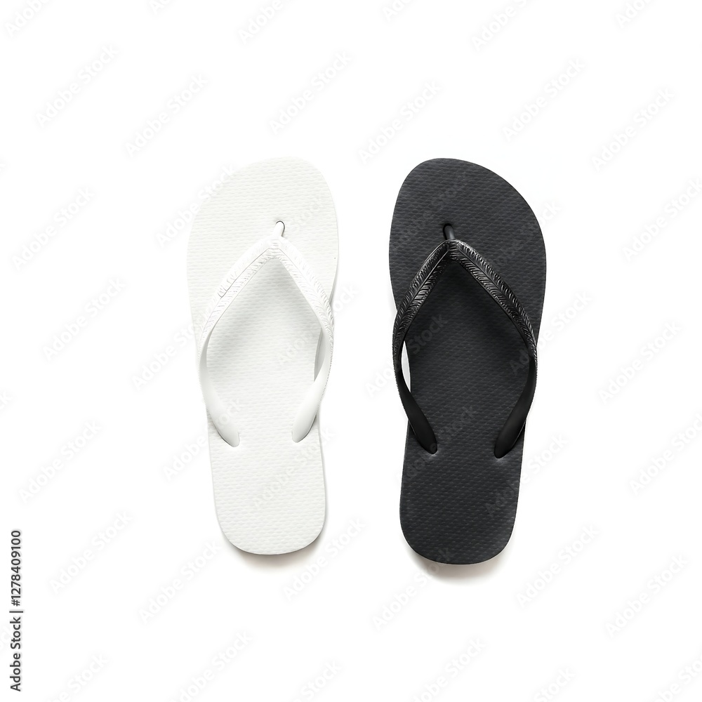 A white flip-flop and a black flip-flop isolated on white background A white flip-flop and a black flip-flop isolated on white background