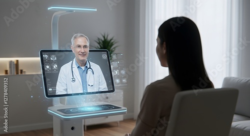 Asian woman having online medical consultation with caucasian male doctor through holographic screen projection. Telemedicine and virtual healthcare technology concept with copy space