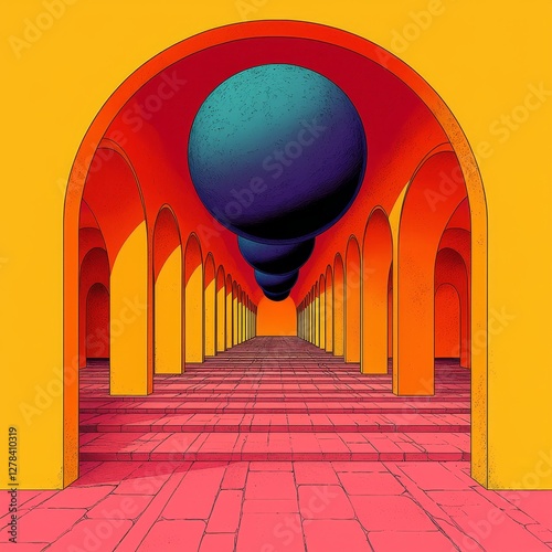 Colorful archways with floating sphere abstract space digital art vibrant atmosphere perspective view conceptual design