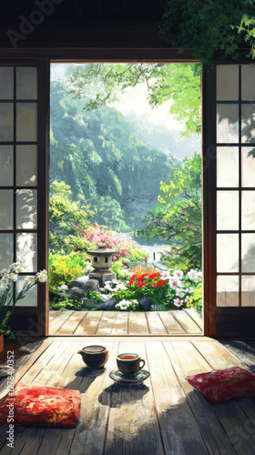 SereneJapaneseGardenViewfromaTraditionalRoom photo