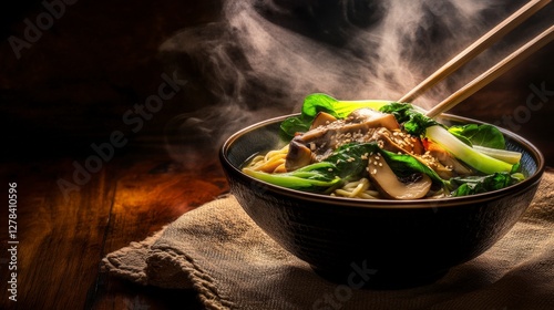 Steaming Hot Bowl of Asian Noodles with Mushrooms and Bok Choy