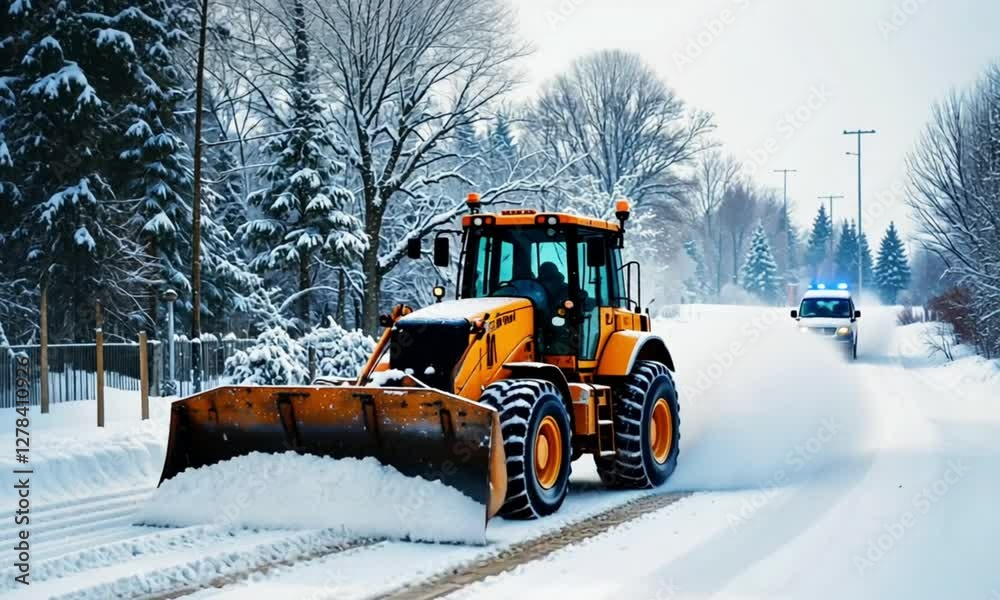 a bulldozer pushing snow on the road during winter a bulldozer pushing snow on the road during winter