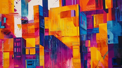 Vibrant abstract art exhibition urban gallery digital artwork modern environment eye-level perspective