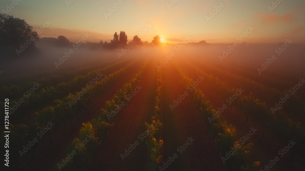 a vineyard at dawn with rows of vines, enveloped in a gentle fog, under a radiant sunrise. a vineyard at dawn with rows of vines, enveloped in a gentle fog, under a radiant sunrise.