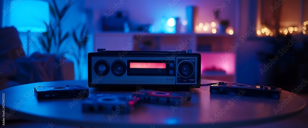 Fototapeta premium Retro stereo system and cassette tapes against ambient lighting setting