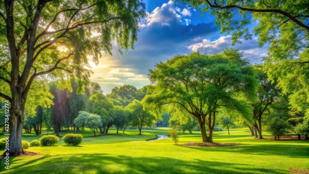 Obraz premium Beautiful landscape in the park with lush green trees, park scenery, wilderness, park scenery