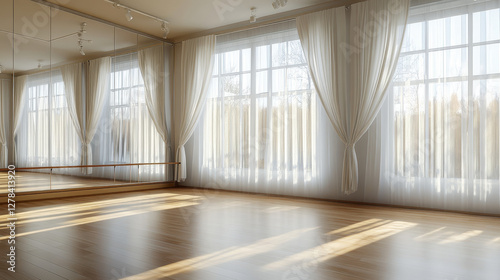 Wallpaper Mural Ballet studio interior with wooden barre, mirrored walls, polished floor and large windows. Dance training room illuminated by sun light through translucent curtains for sport workout and activity. Torontodigital.ca