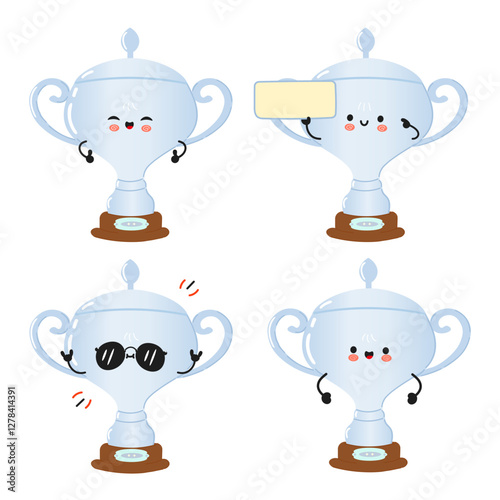 Funny Silver trophy cup characters bundle set. Vector hand drawn doodle style cartoon character illustration icon design. Cute Silver trophy cup mascot character collection