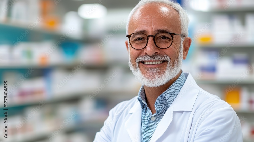 Doctor with white beard writing prescriptions in a colorful office environment Doctor with white beard writing prescriptions in a colorful office environment