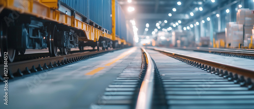 Automated cargo train unloading goods in warehouse with bright lights