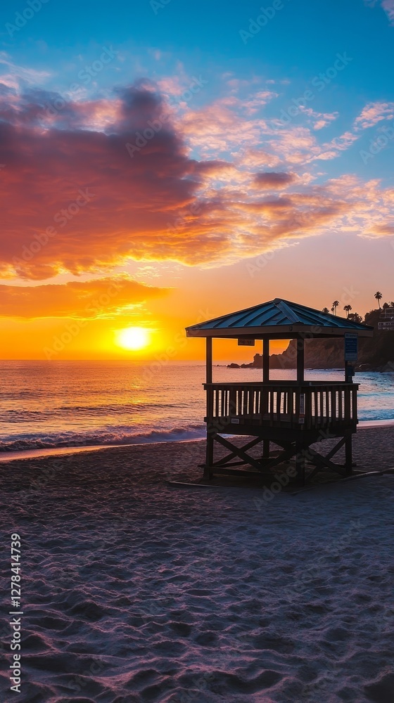 Golden Sunset Beach Scene with Lifeguard Stand Golden Sunset Beach Scene with Lifeguard Stand