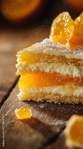 Close-up of a layered dessert with creamy filling and orange slices, dusted with powdered sugar, showcasing a fresh and citrusy treat symbolizing indulgence and freshness. photo