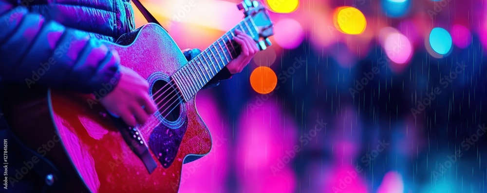 Obraz premium Guitarist plays in city rain, colorful lights blur