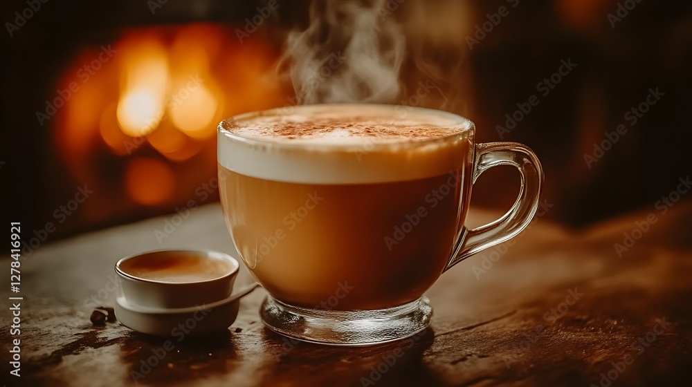 Steaming latte with a cinnamon dusting next to a small cup, by the fireplace Steaming latte with a cinnamon dusting next to a small cup, by the fireplace