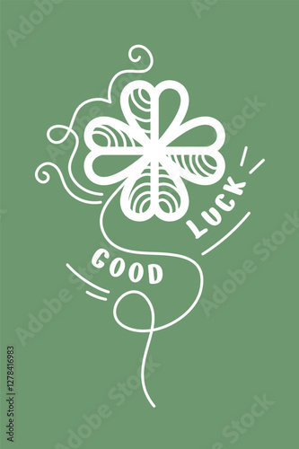 Vector St. Patrick's day illustration. Linear four leaf clover hand drawn. Good luck wishes. Big vintage quatrefoil. Elegant editable outline plant art. Contour botanical element. Cute floral cardVect
